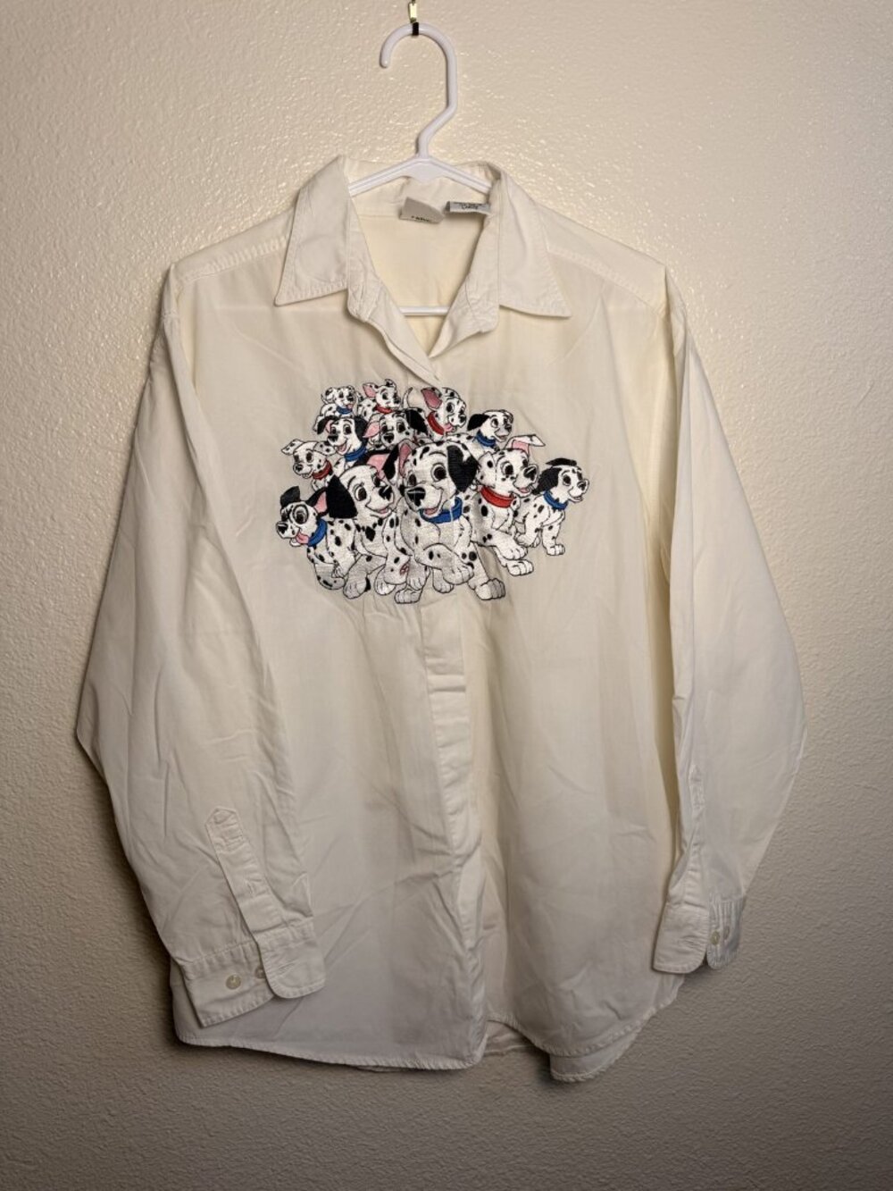 VTG 90s Disney Store 101 Dalmatians Embroidered Button Up Shirt White Sz L